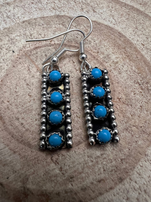 Janice Spencer Zuni Handmade Sterling Kingman Turquoise Earrings - Cowhide and Conchos