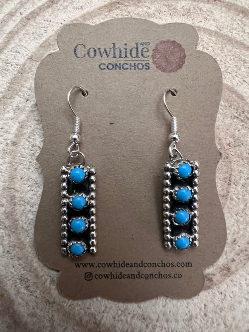 Janice Spencer Zuni Handmade Sterling Kingman Turquoise Earrings - Cowhide and Conchos