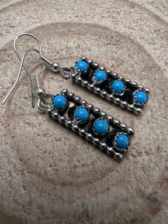 Janice Spencer Zuni Handmade Sterling Kingman Turquoise Earrings - Cowhide and Conchos