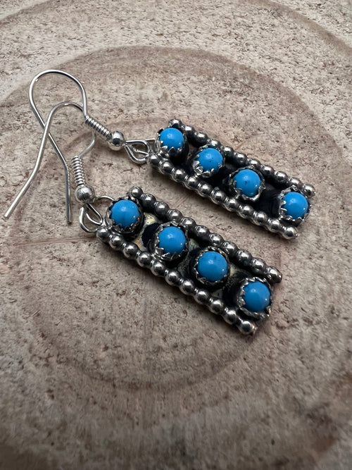 Janice Spencer Zuni Handmade Sterling Kingman Turquoise Earrings - Cowhide and Conchos