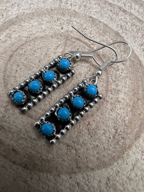 Janice Spencer Zuni Handmade Sterling Kingman Turquoise Earrings - Cowhide and Conchos
