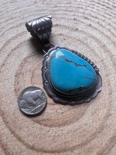 Jimmy Nelson Thunder Mountain Large Turquoise Pendant - Cowhide and Conchos