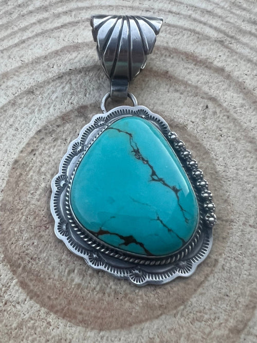 Jimmy Nelson Thunder Mountain Large Turquoise Pendant - Cowhide and Conchos