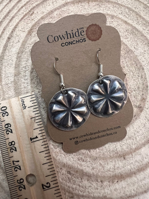 Joan Begay Navajo Handmade Sterling Earrings - Cowhide and Conchos