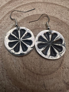 Joan Begay Navajo Handmade Sterling Earrings - Cowhide and Conchos