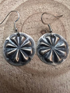 Joan Begay Navajo Handmade Sterling Earrings - Cowhide and Conchos