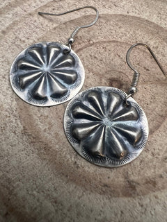 Joan Begay Navajo Handmade Sterling Earrings - Cowhide and Conchos