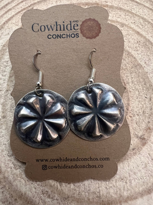 Joan Begay Navajo Handmade Sterling Earrings - Cowhide and Conchos