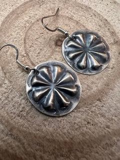 Joan Begay Navajo Handmade Sterling Earrings - Cowhide and Conchos