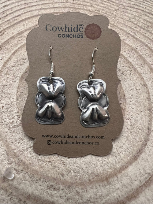 Joan Begay Navajo Handmade Sterling Silver Earrings - Cowhide and Conchos