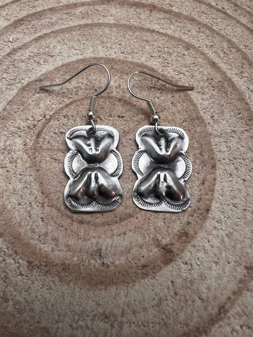 Joan Begay Navajo Handmade Sterling Silver Earrings - Cowhide and Conchos