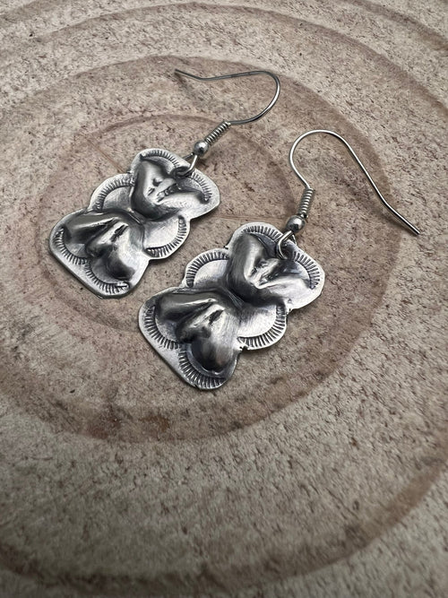 Joan Begay Navajo Handmade Sterling Silver Earrings - Cowhide and Conchos