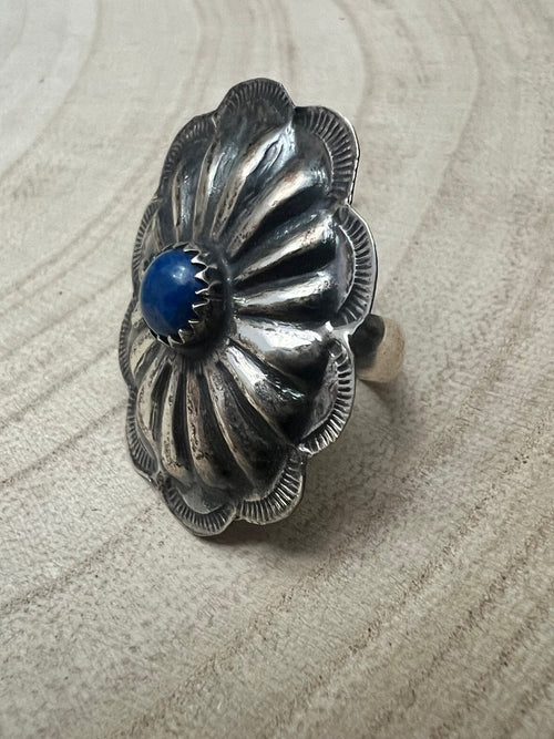 Joanee Silver Lapis Concho Adjustable Ring - Cowhide and Conchos
