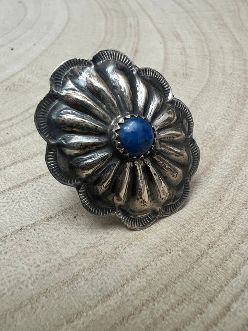 Joanee Silver Lapis Concho Adjustable Ring - Cowhide and Conchos