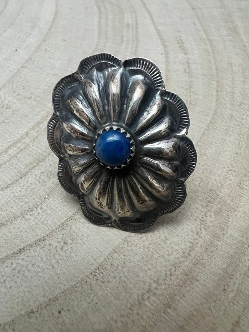 Joanee Silver Lapis Concho Adjustable Ring - Cowhide and Conchos