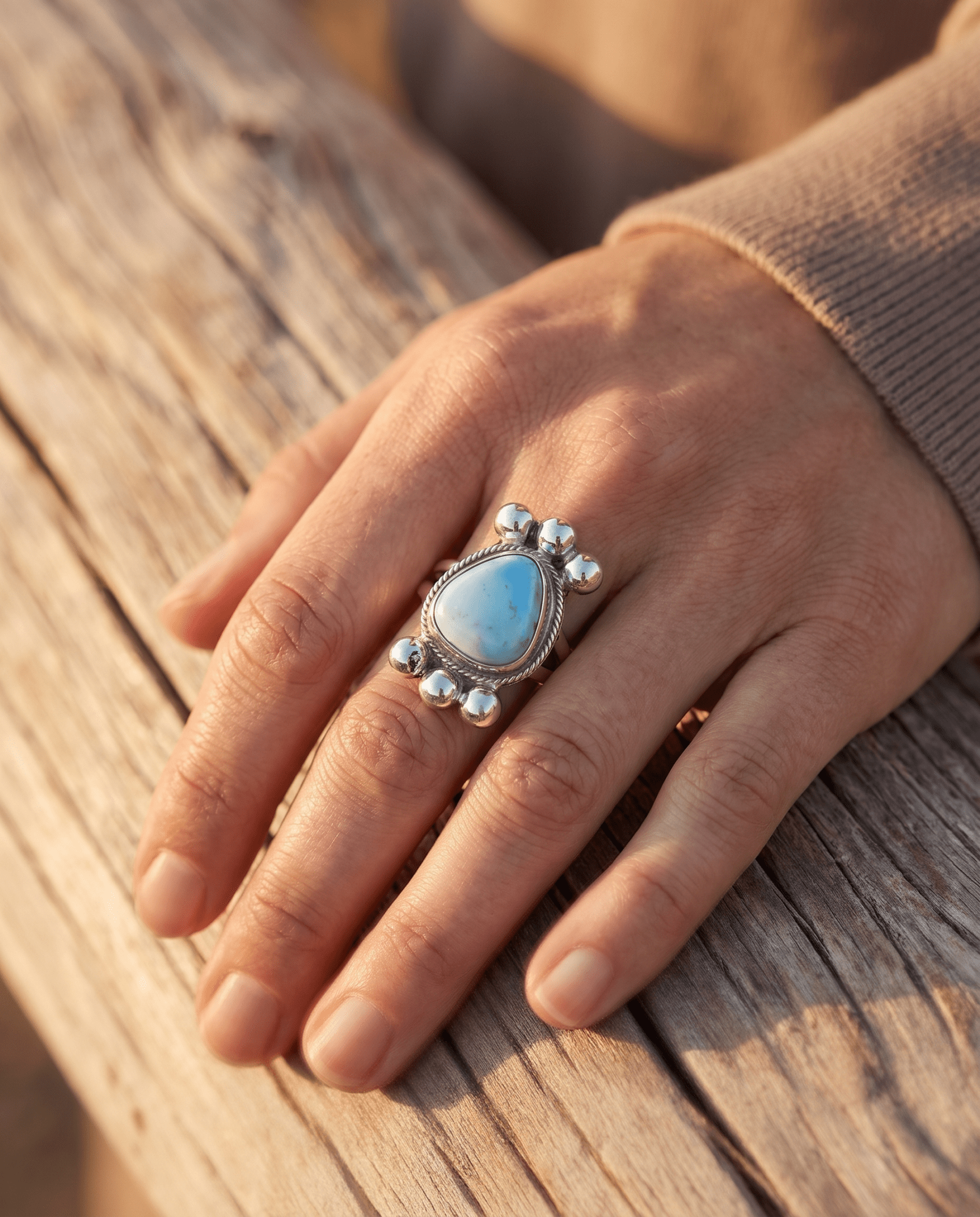 Joelias Draper Navajo Sterling Silver Ring with Golden Hills Turquoise — Adjustable (Hallmarked Draper) - Cowhide and Conchos