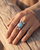 Joelias Draper Navajo Sterling Silver Ring with Golden Hills Turquoise — Adjustable (Hallmarked Draper) - Cowhide and Conchos