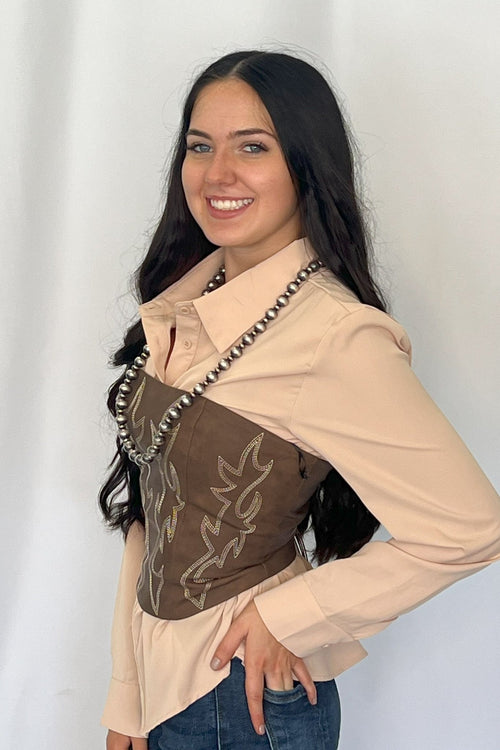 Jolene Embroidered Western Corset Top - 3 colors - Cowhide and Conchos