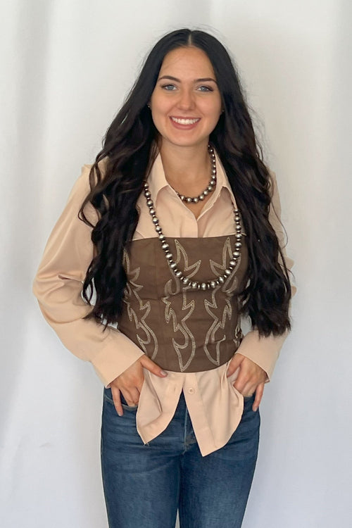 Jolene Embroidered Western Corset Top - 3 colors - Cowhide and Conchos