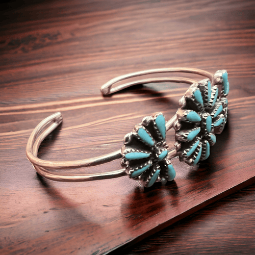 Judy Wallace Turquoise & Sterling Silver Bracelet - Cowhide and Conchos