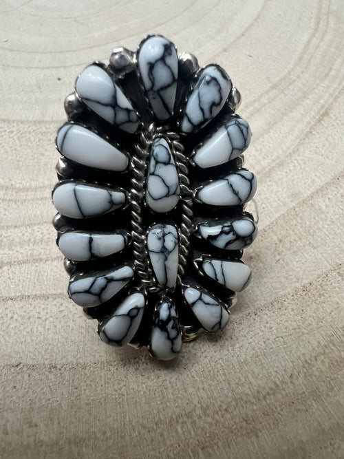 Juliana William Navajo Handmade White Buffalo RIng - Size 9.5 - Cowhide and Conchos