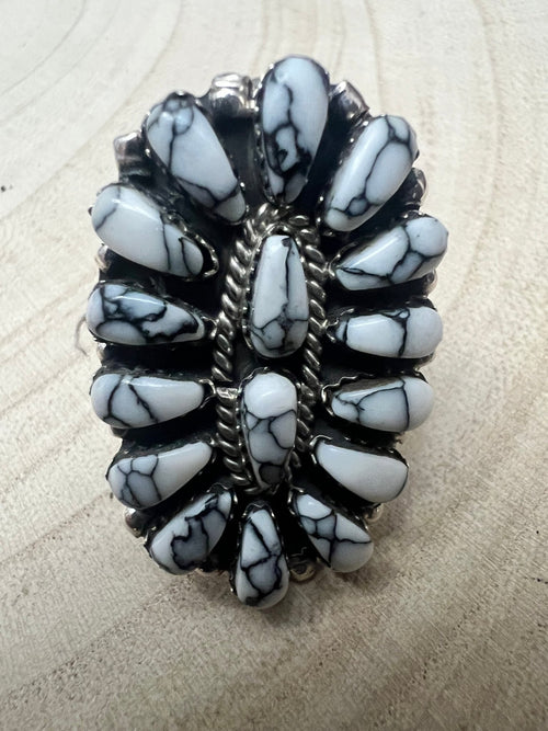 Juliana William Navajo Handmade White Buffalo RIng - Size 9.5 - Cowhide and Conchos