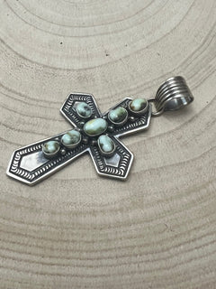 June Delgarito Navajo Handmade Palomino Cross Pendant - Cowhide and Conchos