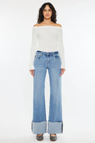 Kan Can Mid Rise Wide Flare Cuff Jeans - Cowhide and Conchos