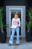Kan Can Mid Rise Wide Flare Cuff Jeans - Cowhide and Conchos