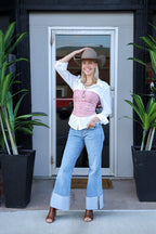 Kan Can Mid Rise Wide Flare Cuff Jeans - Cowhide and Conchos