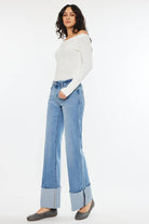 Kan Can Mid Rise Wide Flare Cuff Jeans - Cowhide and Conchos