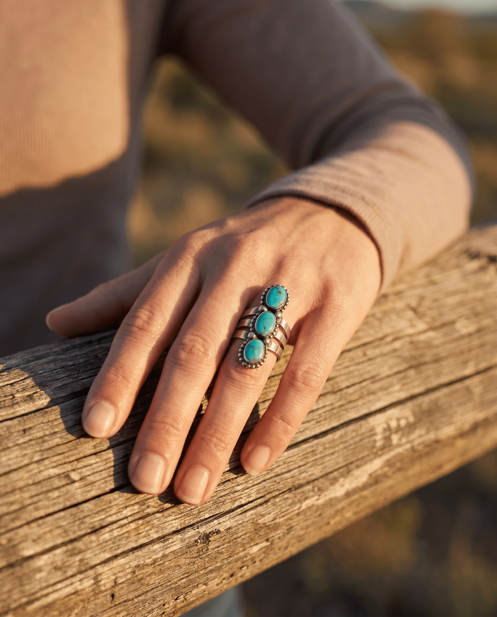 Kathleen Livingston Navajo Sonoran Gem Turquoise Sterling Silver Ring — Size 7 - Cowhide and Conchos