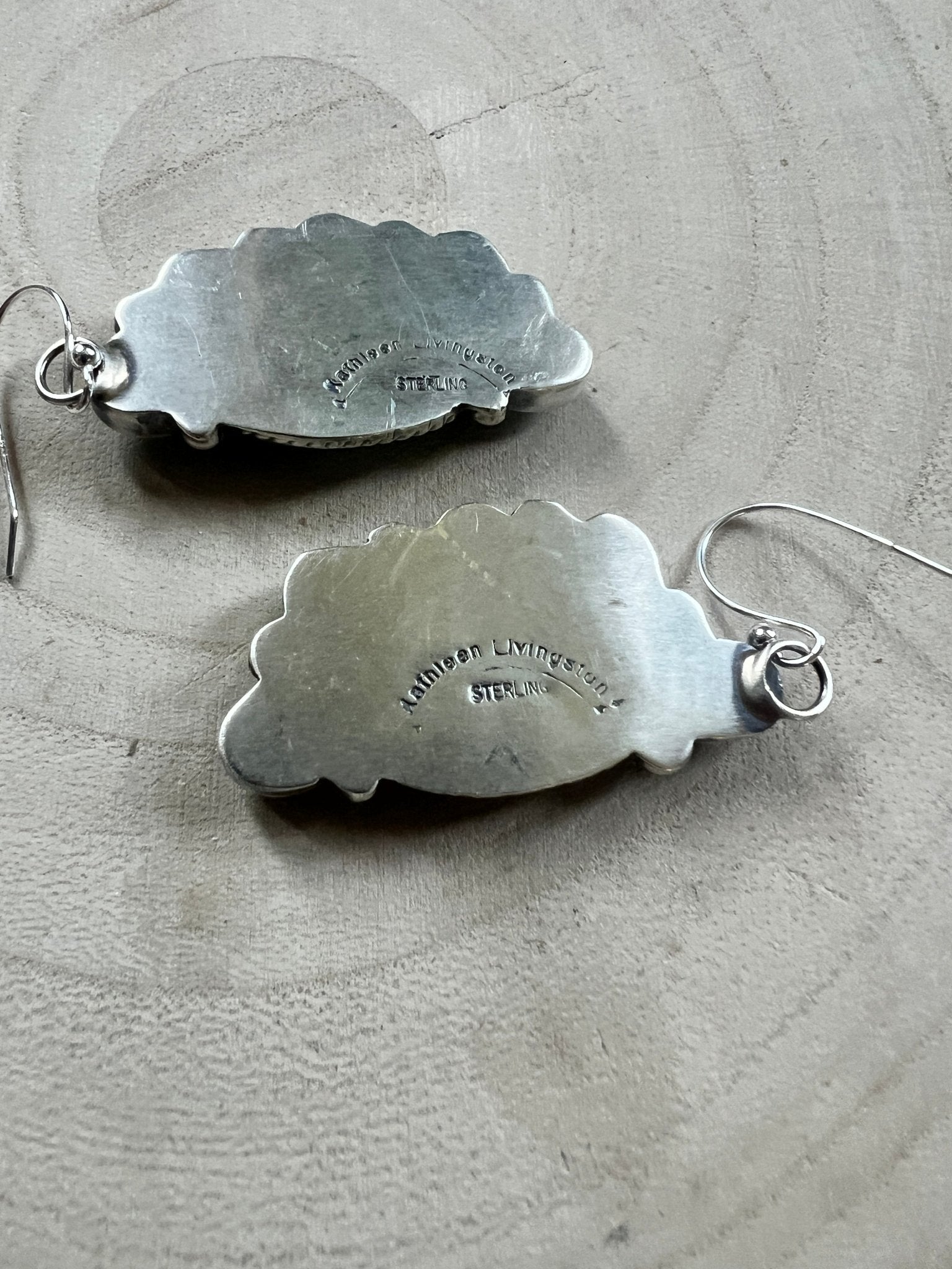 Kathleen Livingston Navajo Sterling Silver Earrings with Sonoran Gem Turquoise — 2" × 3/4" (Hallmarked) - Cowhide and Conchos