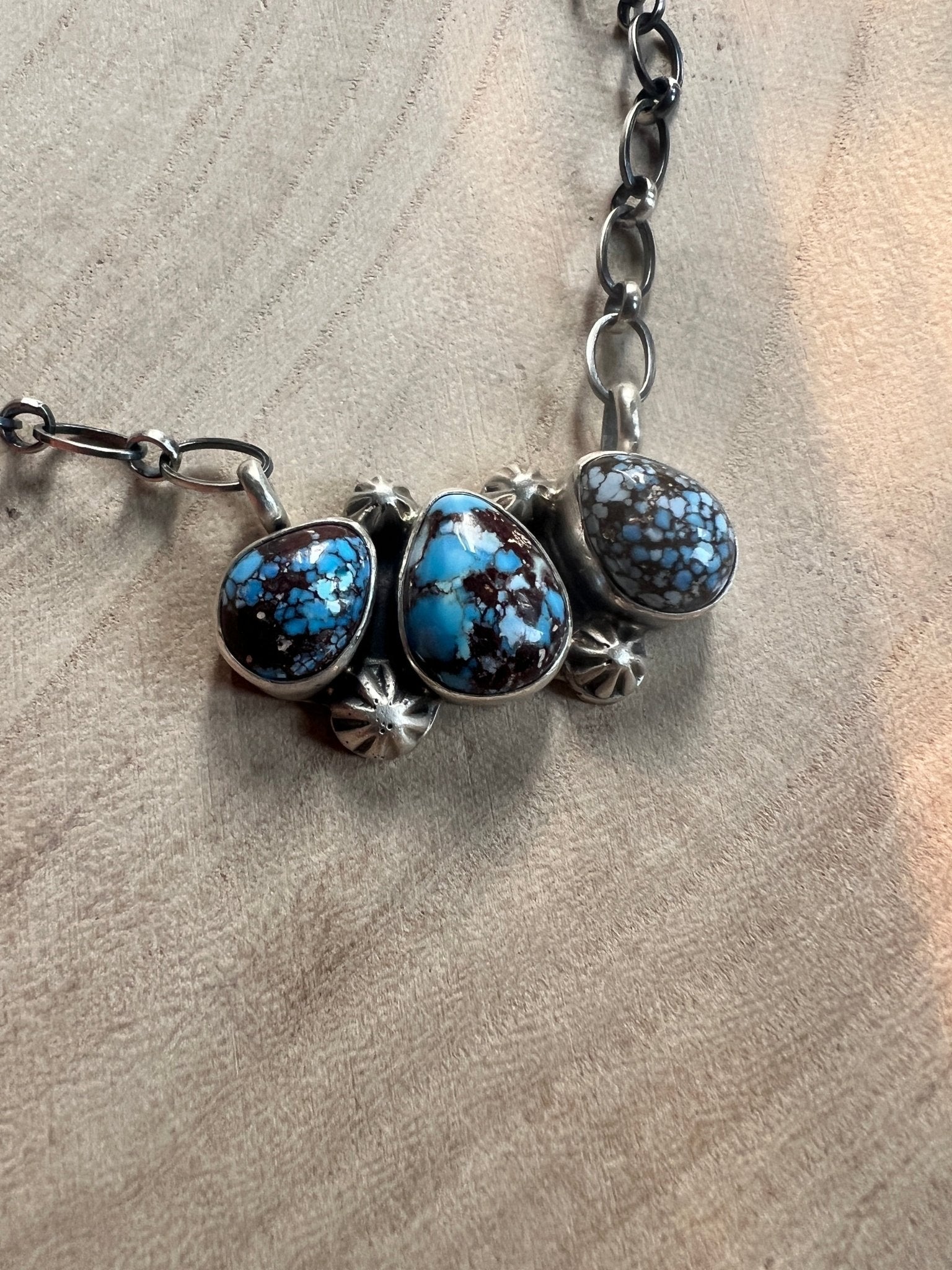 Kathleen Livingston Navajo Sterling Silver Necklace with Golden Hills Turquoise — 18" with 5/8" × 1 1/4" Pendant (Hallmarked, Heirloom) - Cowhide and Conchos