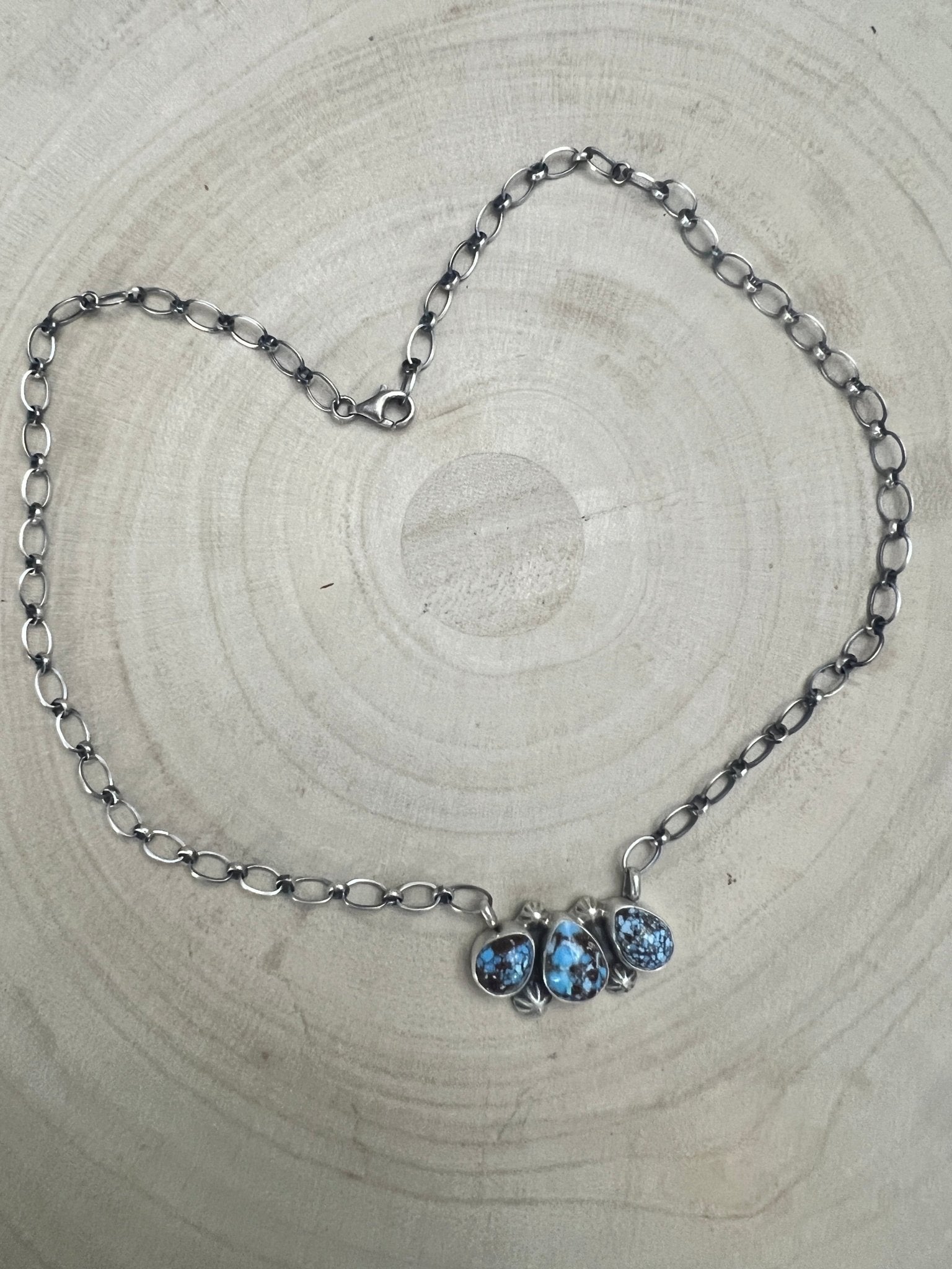 Kathleen Livingston Navajo Sterling Silver Necklace with Golden Hills Turquoise — 18" with 5/8" × 1 1/4" Pendant (Hallmarked, Heirloom) - Cowhide and Conchos