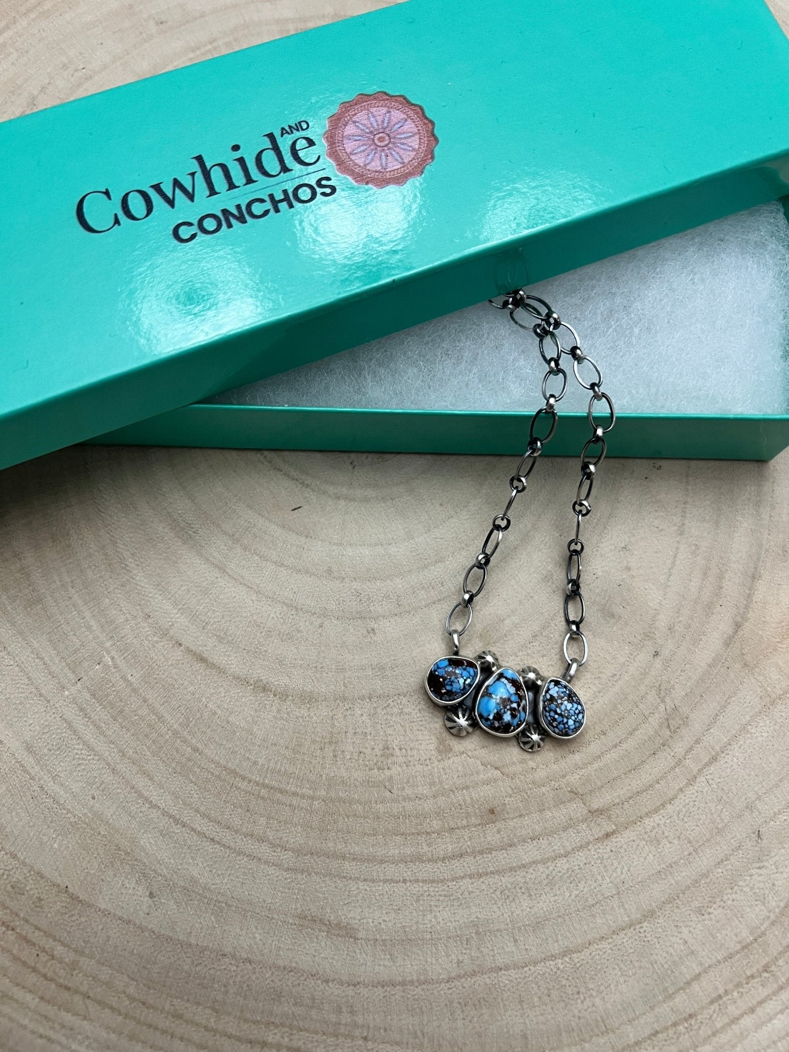 Kathleen Livingston Navajo Sterling Silver Necklace with Golden Hills Turquoise — 18" with 5/8" × 1 1/4" Pendant (Hallmarked, Heirloom) - Cowhide and Conchos