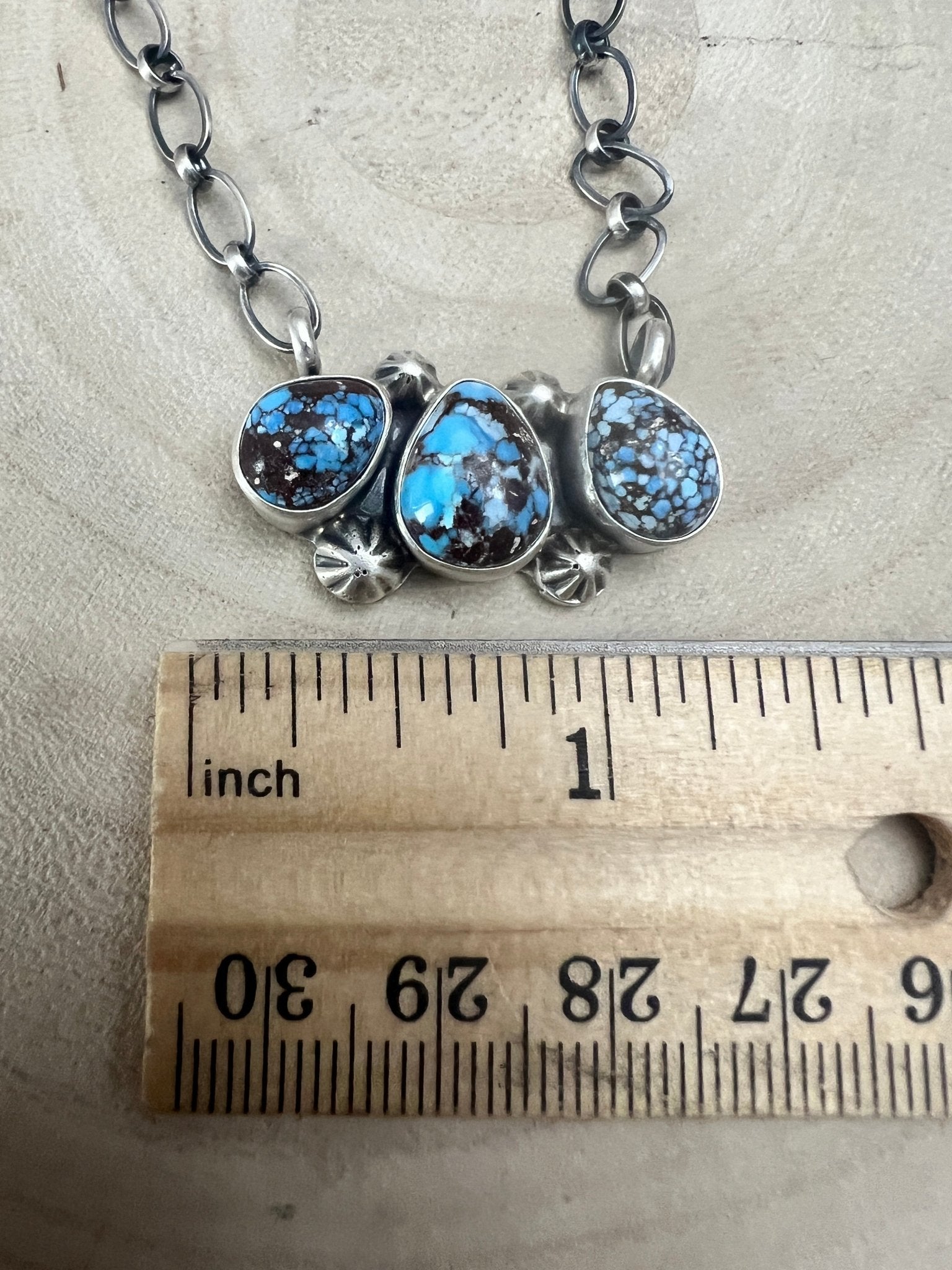 Kathleen Livingston Navajo Sterling Silver Necklace with Golden Hills Turquoise — 18" with 5/8" × 1 1/4" Pendant (Hallmarked, Heirloom) - Cowhide and Conchos
