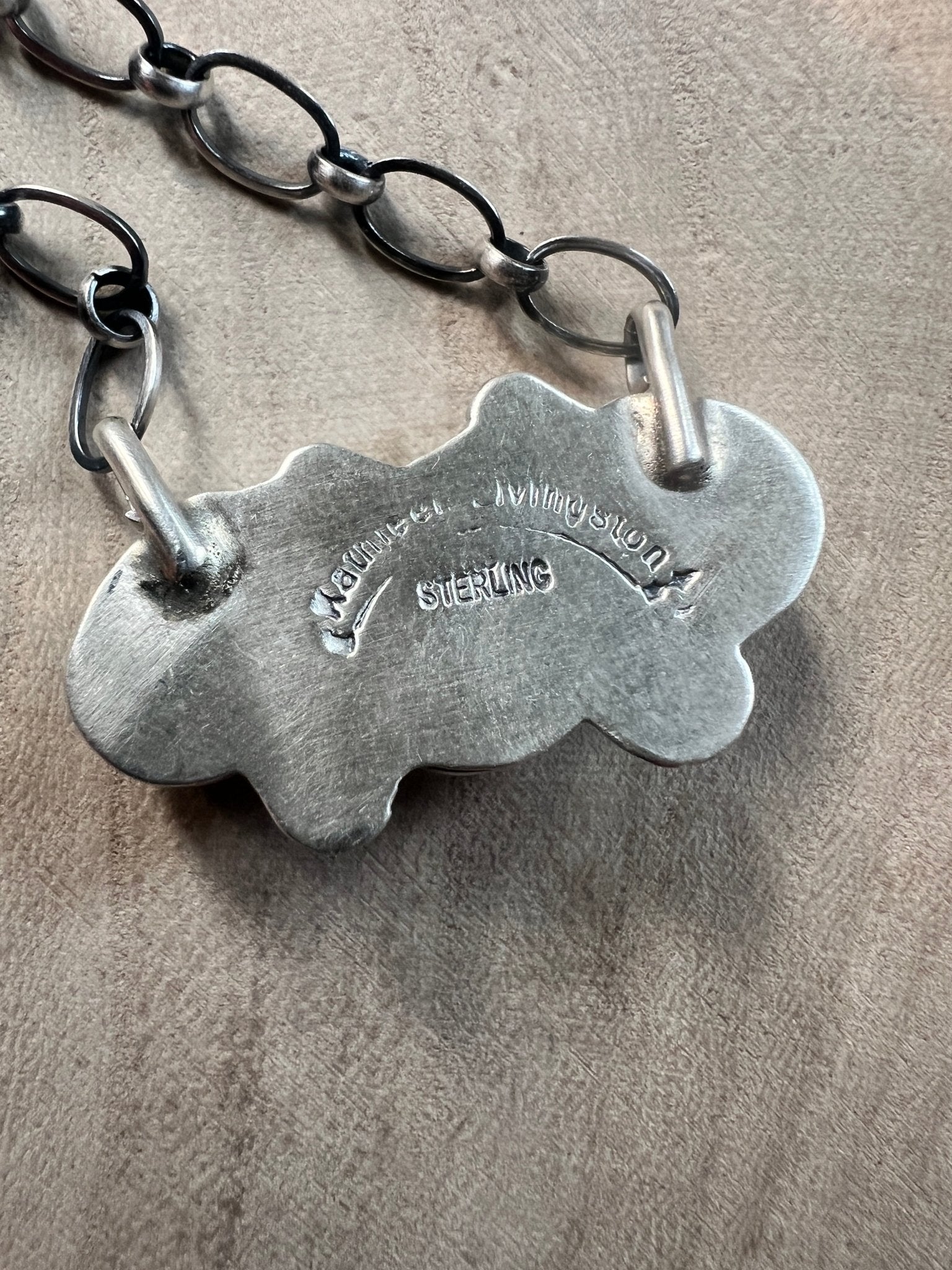 Kathleen Livingston Navajo Sterling Silver Necklace with Golden Hills Turquoise — 18" with 5/8" × 1 1/4" Pendant (Hallmarked, Heirloom) - Cowhide and Conchos