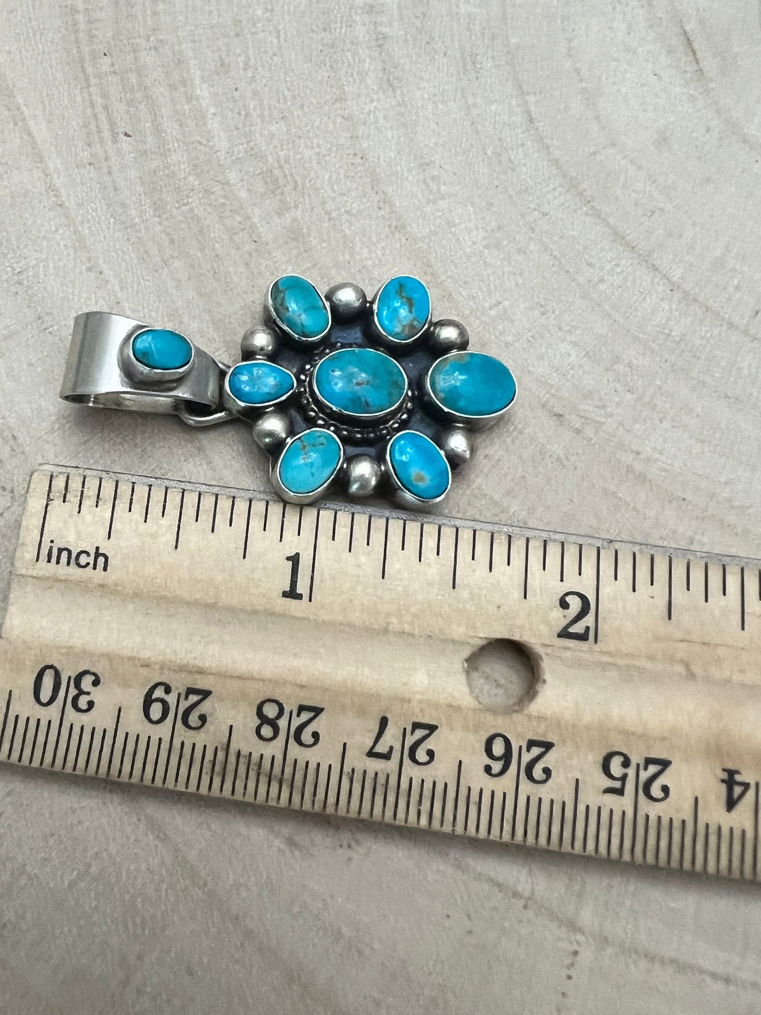 Kathleen Livingston Navajo Sterling Silver Pendant with Sonoran Gem Turquoise — 1 3/4" × 7/8" (Hallmark) - Cowhide and Conchos