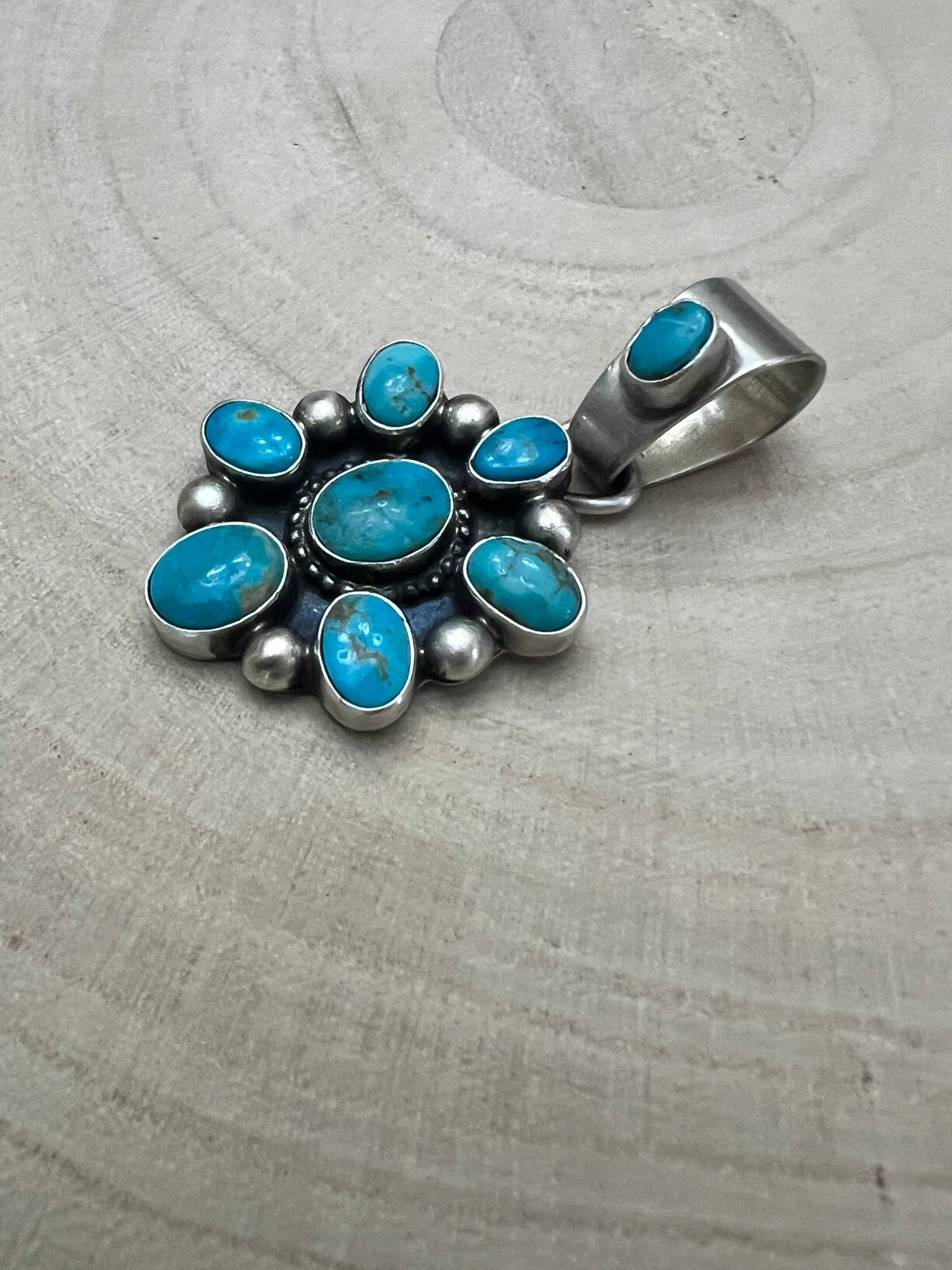 Kathleen Livingston Navajo Sterling Silver Pendant with Sonoran Gem Turquoise — 1 3/4" × 7/8" (Hallmark) - Cowhide and Conchos