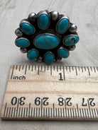 Kathleen Livingston Navajo Sterling Silver Ring with Sonoran Gem Turquoise — Adjustable (size 8/9), 1 1/4" × 1 1/8" Face (Hallmarked, Heirloom) - Cowhide and Conchos