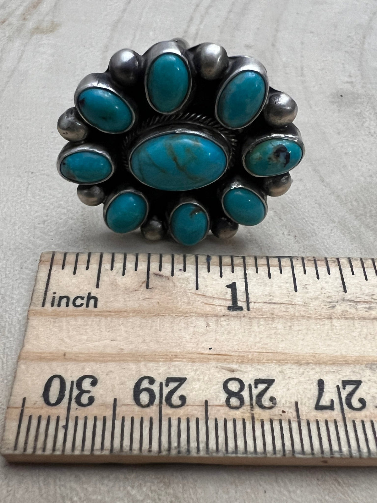 Kathleen Livingston Navajo Sterling Silver Ring with Sonoran Gem Turquoise — Adjustable (size 8/9), 1 1/4" × 1 1/8" Face (Hallmarked, Heirloom) - Cowhide and Conchos