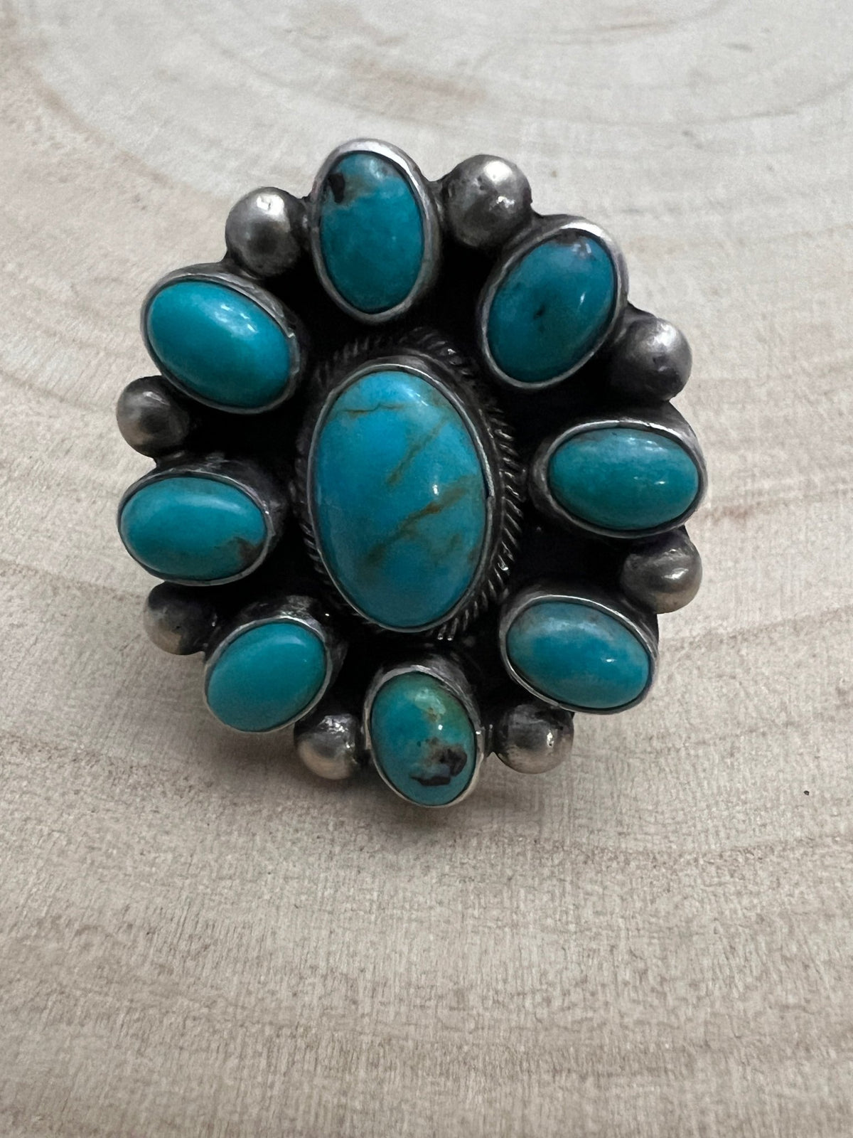 Kathleen Livingston Navajo Sterling Silver Ring with Sonoran Gem Turquoise — Adjustable (size 8/9), 1 1/4" × 1 1/8" Face (Hallmarked, Heirloom) - Cowhide and Conchos
