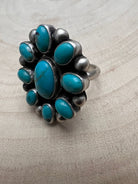 Kathleen Livingston Navajo Sterling Silver Ring with Sonoran Gem Turquoise — Adjustable (size 8/9), 1 1/4" × 1 1/8" Face (Hallmarked, Heirloom) - Cowhide and Conchos