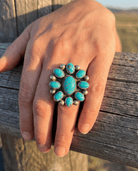 Kathleen Livingston Navajo Sterling Silver Ring with Sonoran Gem Turquoise — Adjustable (size 8/9), 1 1/4" × 1 1/8" Face (Hallmarked, Heirloom) - Cowhide and Conchos
