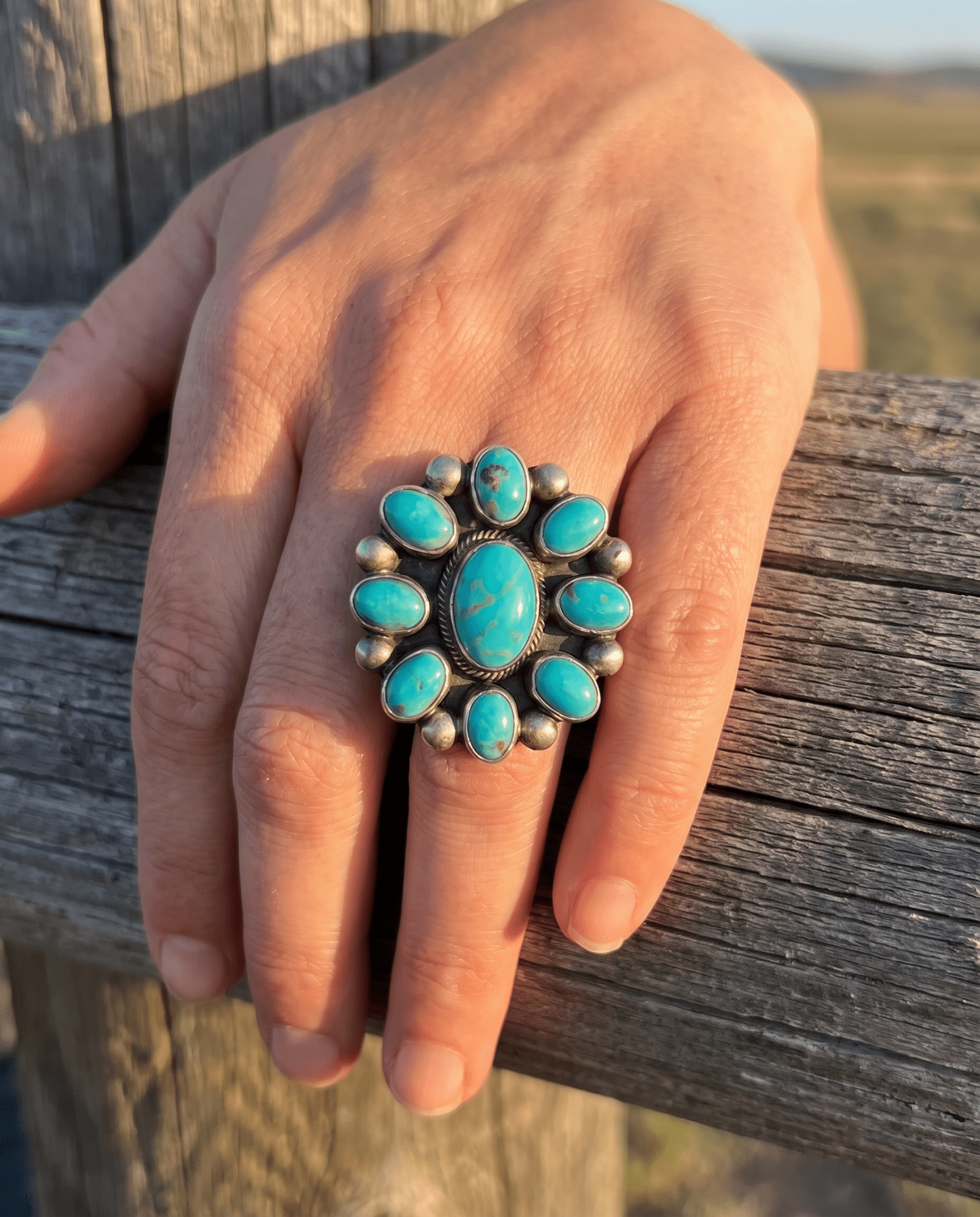 Kathleen Livingston Navajo Sterling Silver Ring with Sonoran Gem Turquoise — Adjustable (size 8/9), 1 1/4" × 1 1/8" Face (Hallmarked, Heirloom) - Cowhide and Conchos