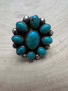 Kathleen Livingston Navajo Sterling Silver Ring with Sonoran Gem Turquoise — Adjustable (size 8/9), 1 1/4" × 1 1/8" Face (Hallmarked, Heirloom) - Cowhide and Conchos