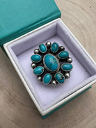 Kathleen Livingston Navajo Sterling Silver Ring with Sonoran Gem Turquoise — Adjustable (size 8/9), 1 1/4" × 1 1/8" Face (Hallmarked, Heirloom) - Cowhide and Conchos