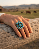 Kathleen Livingston Navajo Sterling Silver Ring with Sonoran Gem Turquoise — Adjustable (size 8/9), 1 1/4" × 1 1/8" Face (Hallmarked, Heirloom) - Cowhide and Conchos