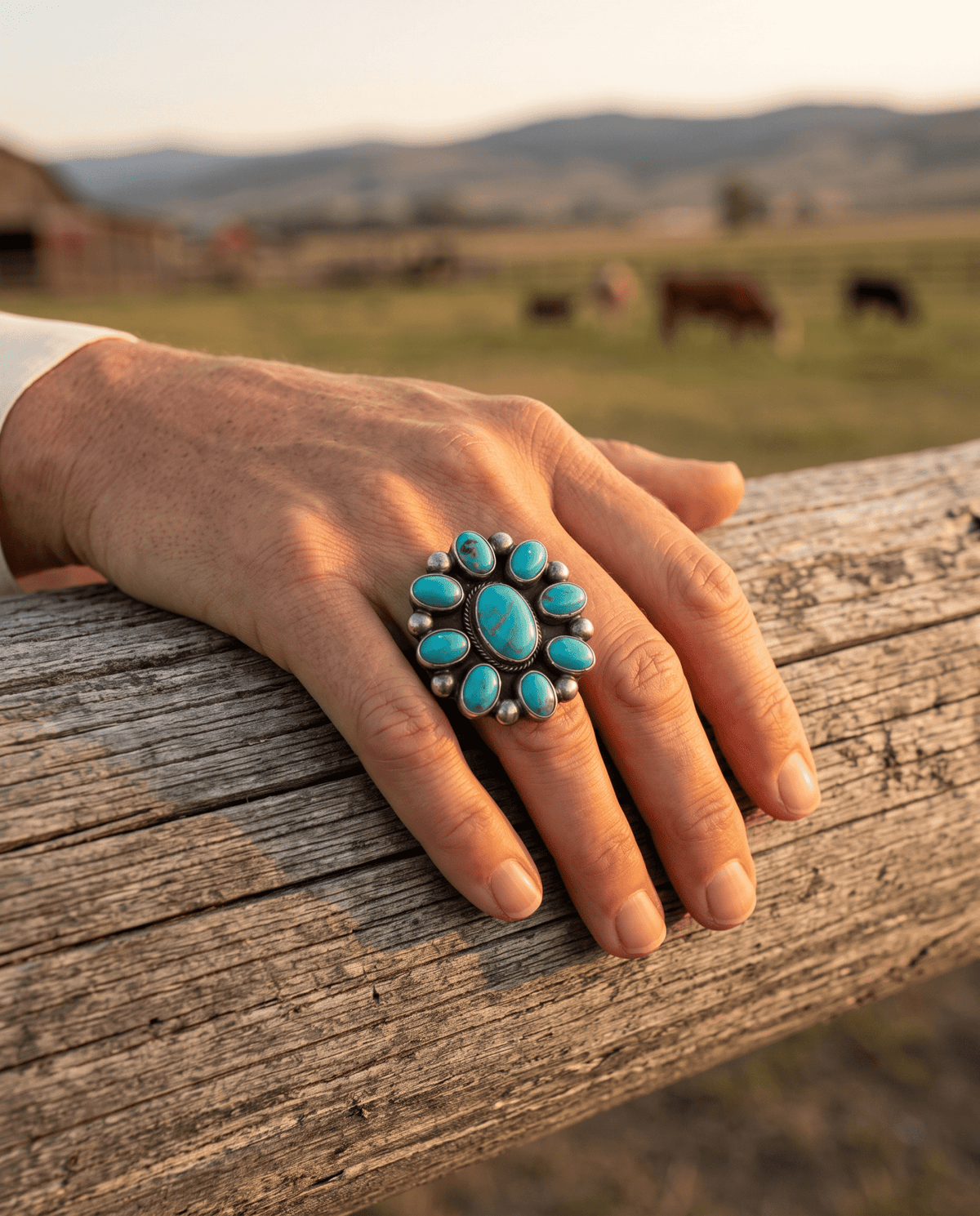 Kathleen Livingston Navajo Sterling Silver Ring with Sonoran Gem Turquoise — Adjustable (size 8/9), 1 1/4" × 1 1/8" Face (Hallmarked, Heirloom) - Cowhide and Conchos